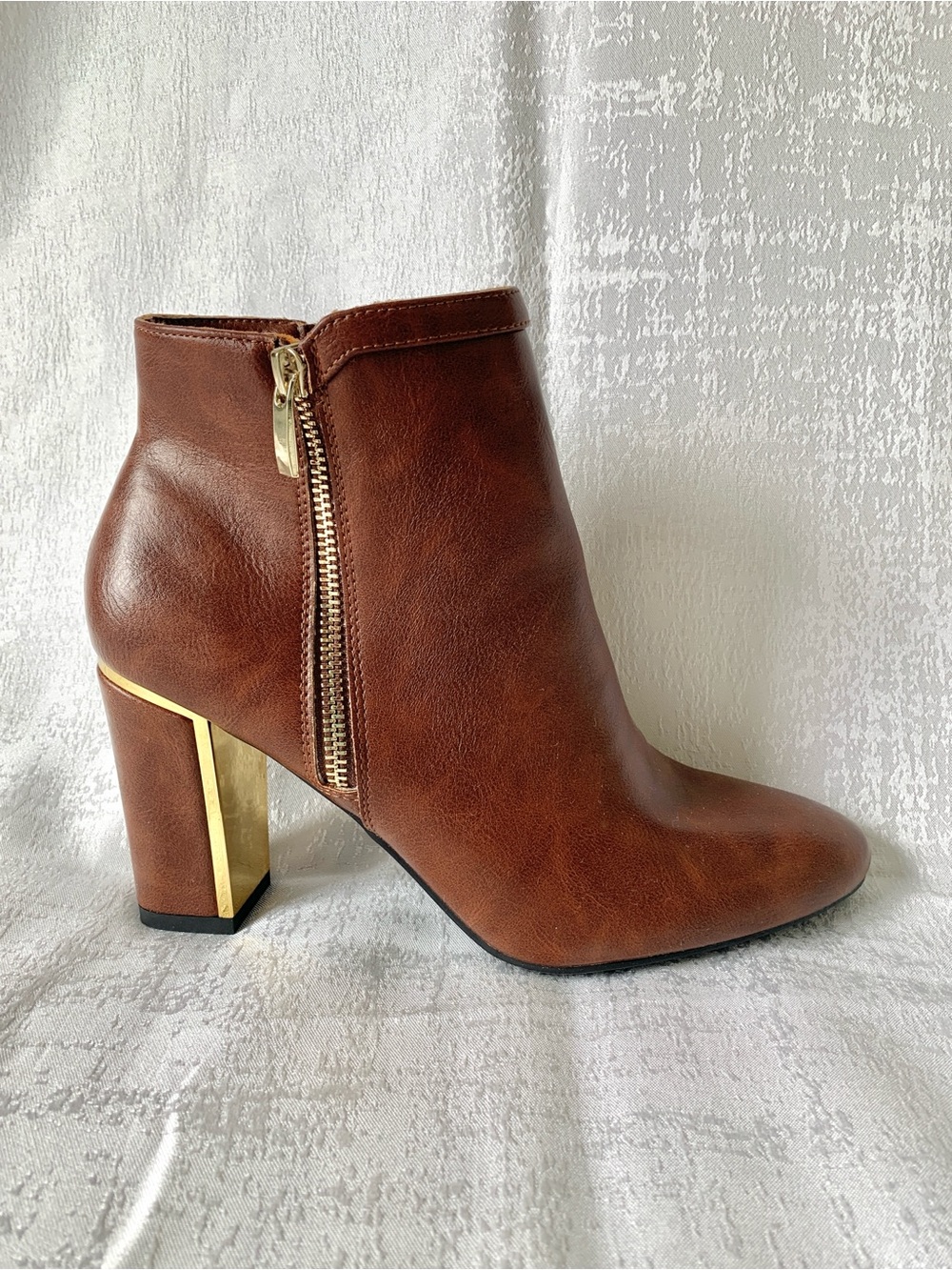 Women's Brown Ankle Bootie with Gold Heel Accent